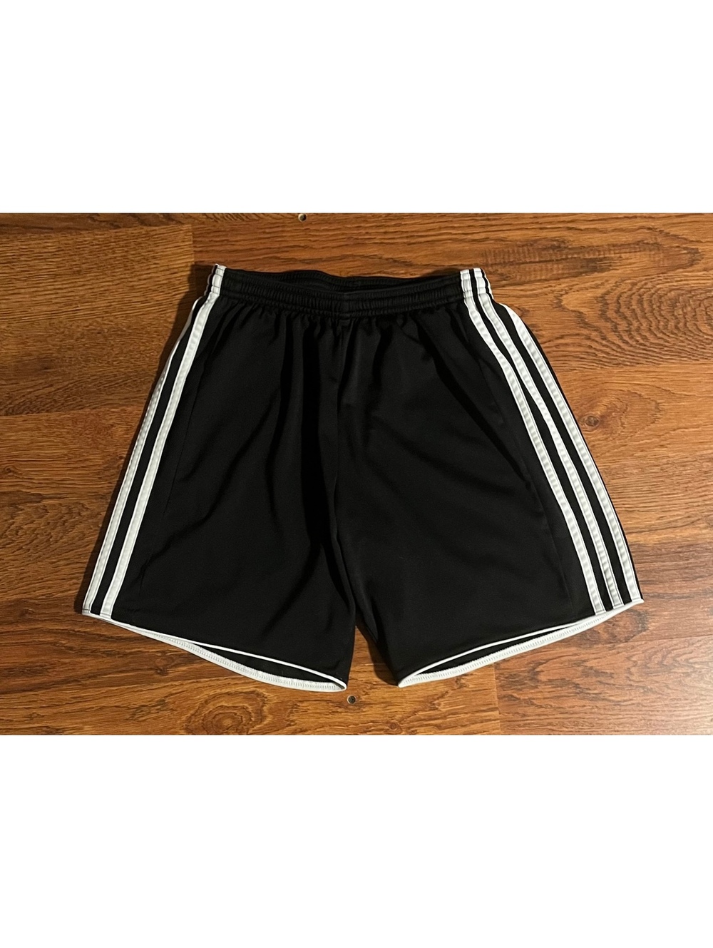 Adidas Black Athletic Shorts with White Stripes, Size Small